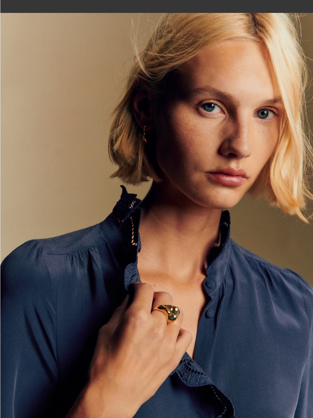 Sezane Deep Blue Ruffle-Trim Button Cleo Blouse